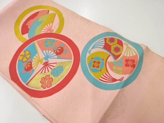 アンティーク　丸紋に扇模様織出し袋帯（材料）